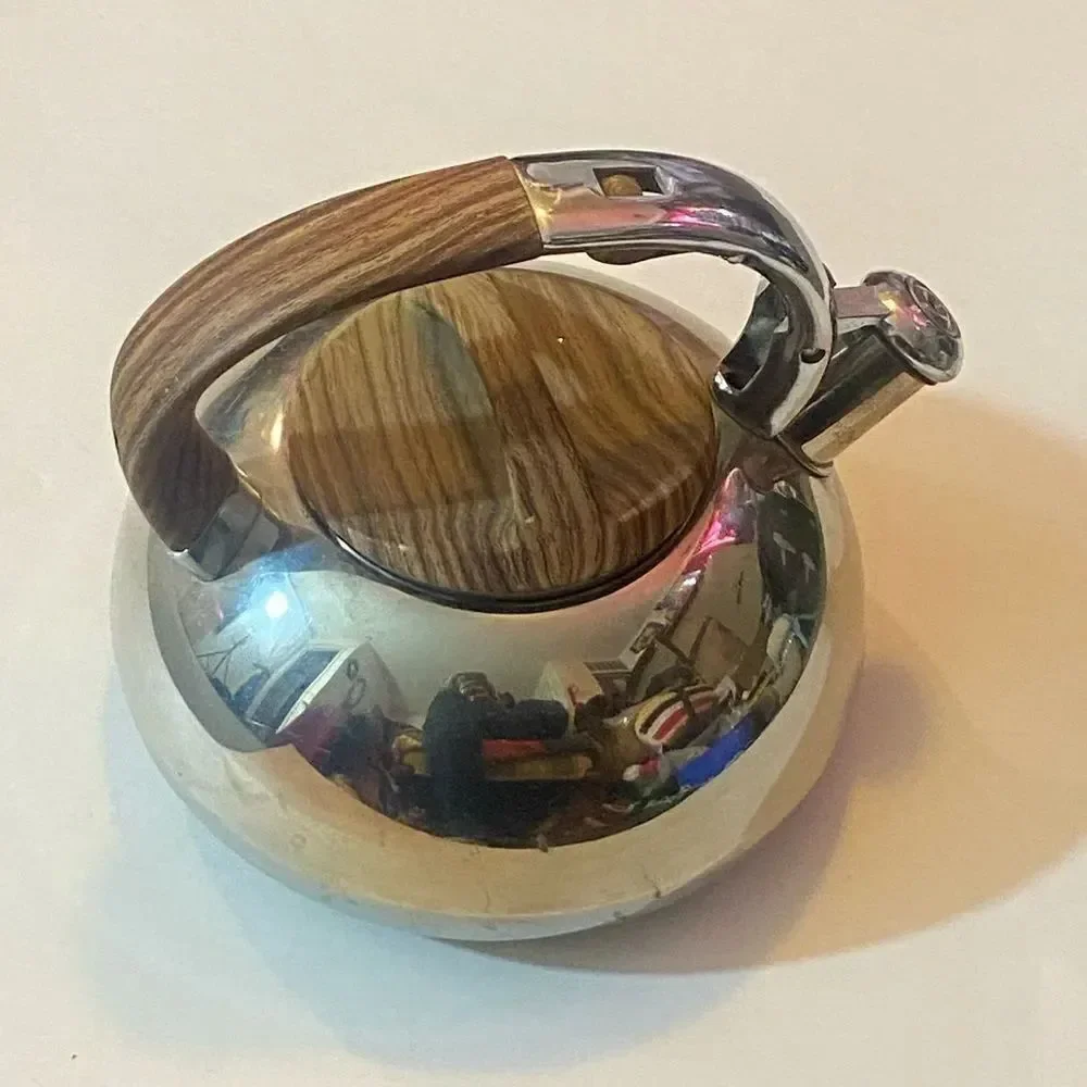 Polished Silver Kettle with Wooden Accents